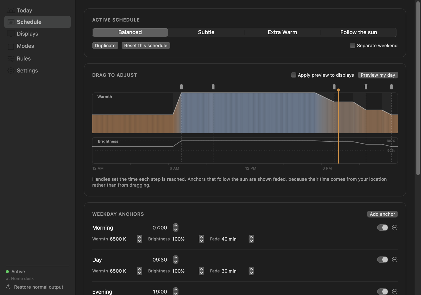 The Schedule view: a draggable 24-hour timeline above a list of anchors, each with editable time, warmth, brightness and fade duration.