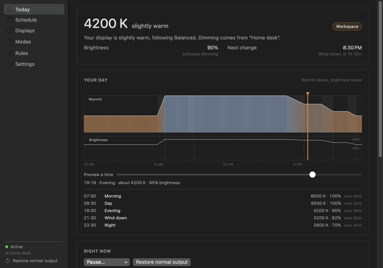 Daylight's Today view: a large reading of 4200 K described as slightly warm, a sentence explaining that the display is following the Balanced schedule, and a 24-hour timeline showing warmth and brightness curves with the current time marked.